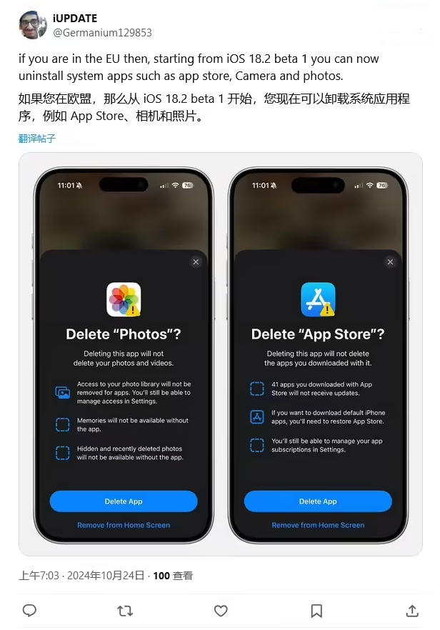 六安苹果手机维修分享iOS 18.2 支持删除 App Store 应用商店 